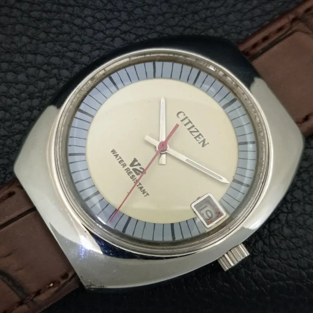 Vintage 1972 Citizen Manual Wound Mens Silver Watch W/Date & Beige accents
